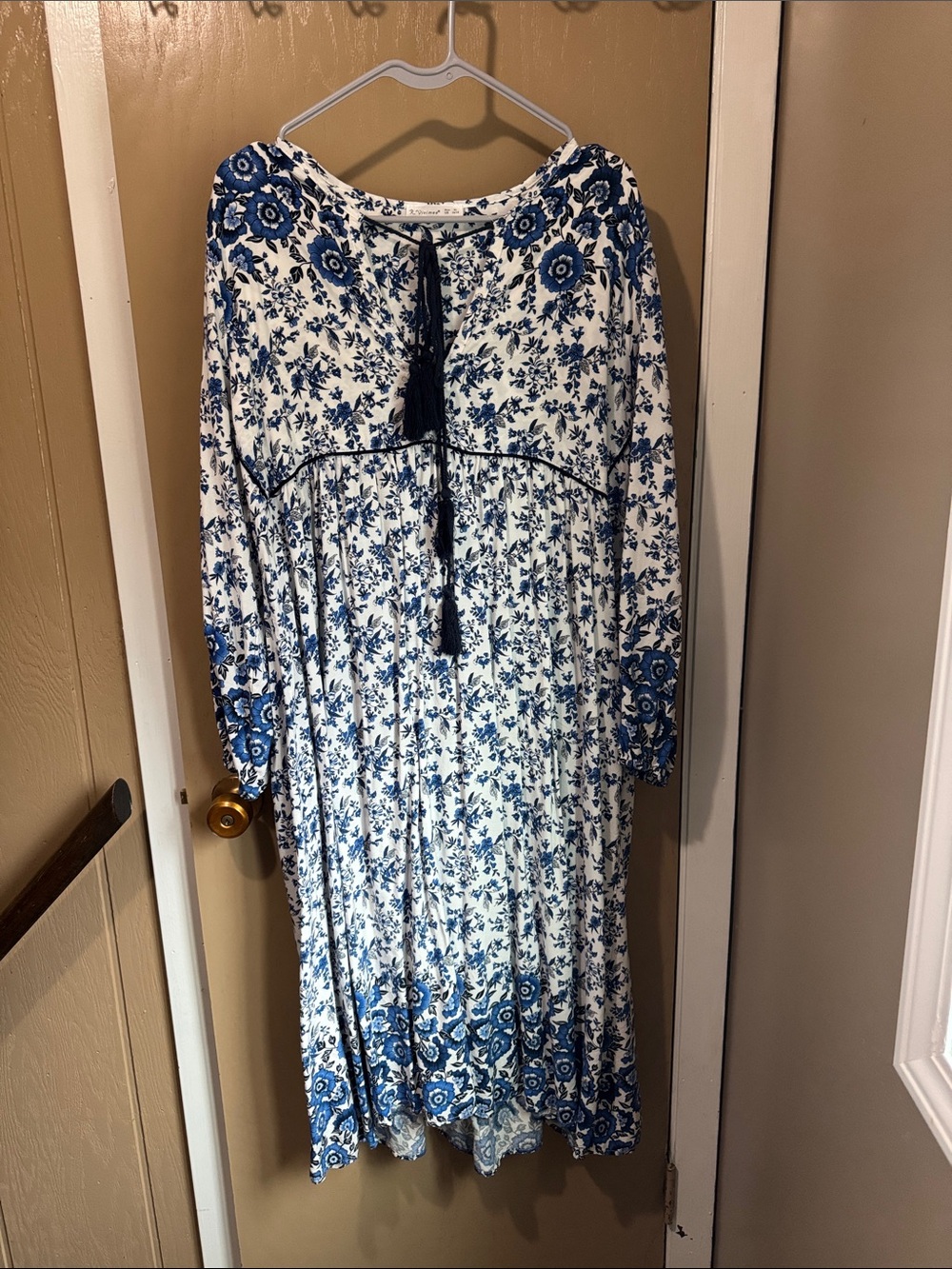 Blue Floral Boho Midi Dress with Tie Detail